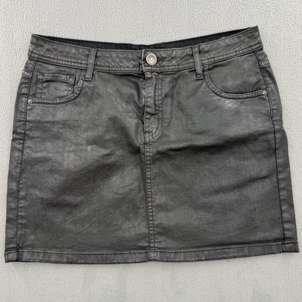 Pimkie Faux Leather Denim Mini Skirt Sz 40 Black Edgy Goth Grunge Rocker Biker